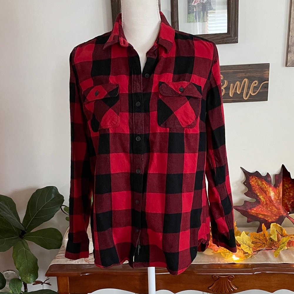 Eddie Bauer Red and Black Plaid Women's Button Down Shirt
